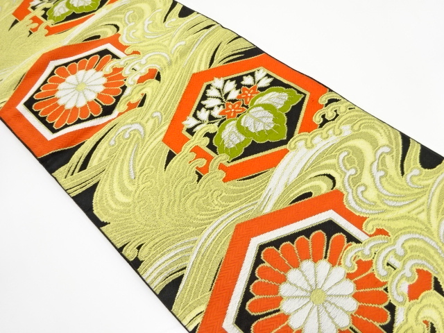 JAPANESE KIMONO / ANTIQUE FUKURO OBI / WOVEN ROUGH WAVE & PAULOWNIA & KIKU & KIKKO